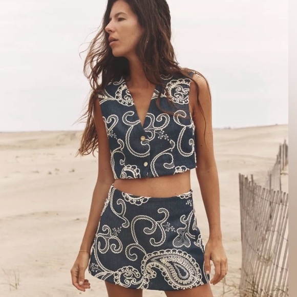 NWT | Zara Blue Skort w White Embroidery | SZ M - Picture 2 of 8